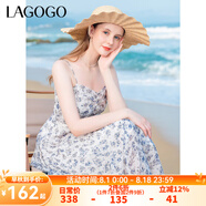 lagogo萊賽爾法式碎花褶皺吊帶裙女拉谷谷夏季新款高腰A字連衣裙 混色(Y0) L