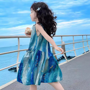 沐霓 女童扎染裙子夏季無(wú)袖背心裙連衣裙海邊度假沙灘裙簡(jiǎn)約公主裙 海底星空-藍色 130碼