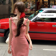 爾山集紅色格子吊帶魚尾裙女法式溫柔海邊度假連衣裙吊帶裙收腰長裙 魚尾連衣裙M