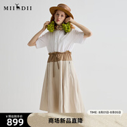 謎底連衣裙短袖2025夏季新品通勤撞色抽繩合身X型中長裙252ML0513 亮白 L