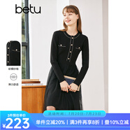 betu百圖女裝秋冬連衣裙小香風(fēng)拼接網(wǎng)紗針織連衣裙收腰修身顯瘦連 黑色 XS