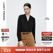 朗姿【Basic衣櫥】法式米白色V領(lǐng)上衣女新款襯衫法式長袖襯衣女 黑色 L