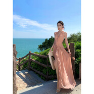 以歐（YIOU）粉色V領掛脖無袖露背連衣裙女夏2025新款花邊設計感長裙子 藕粉色 M