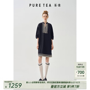 茶·愫【波西米亞】puretea茶愫落肩泡泡袖層次蕾絲花邊連衣裙女25夏新 墨藍(lán) L