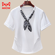 貓人（MiiOW）白色V領(lǐng)短袖女T恤2025新款夏季絲巾設計感小眾超好看氣質(zhì)上衣 白色 L