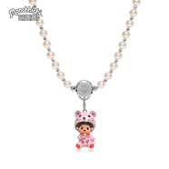 Monchhichi/萌趣趣短項鏈6mm閃耀仿珍珠女友兒童刻字生日禮物N057 粉色小熊配奶白色短項鏈