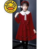 G.DUCKKIDS品牌童裝女童套裝公主裙新款兒童女孩套裝秋冬兩件套裙子春秋 酒紅色裙+打底衫+披肩毛領(lǐng)+帽子 130 建議40-49斤