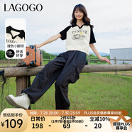 lagogo撞色翻領(lǐng)短袖T恤女拉谷谷春季新款休閑透氣插肩短款上衣 米黑(TW) M