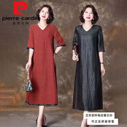 皮爾卡丹（pierre cardin）雙面穿龜紋連衣裙五分袖大尺碼修身V領(lǐng)大尺碼修身高端媽m媽連衣裙 紅黑雙面穿今年流行的輕奢品牌 XL 建議體重90斤到110斤