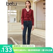 百圖betu女裝秋新款毛衣少女感絲絨蝴蝶結V領提花長袖毛衣2309T93 紅色 S