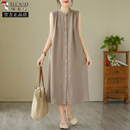 啄木鳥(niǎo)日系原單高端品牌無(wú)袖亞麻襯衫裙文藝顯瘦a字棉麻開(kāi)衫連衣裙 灰咖(少量現貨) 2XL 【建議155-180斤】