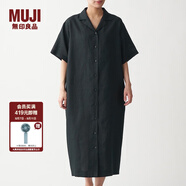 無印良品 MUJI 女式 法國亞麻水洗 五分袖開襟連衣裙 BCL08C0S 黑色 M-L