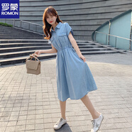 羅蒙（ROMON）薄款仿牛仔連衣裙女夏2025新款襯衫裙韓版氣質(zhì)收腰百搭中長(cháng)裙子 淺藍色 S