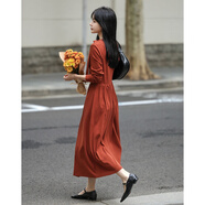 mt【霞光映日】春秋法式文藝鏤空綁帶復古A字收腰遮肉中長(cháng)女連衣裙