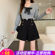 歐貝汐秋季高腰短褲休閑闊腿褲毛呢百搭打底靴褲女 黑色 M