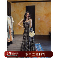三吉黑花【墨花染】女夏季2024新款中式系帶風(fēng)情萬(wàn)種抽褶吊帶裙 夜闌黑 現(xiàn)貨 S