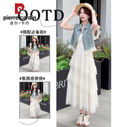 皮爾卡丹（pierre cardin）法式輕熟風(fēng)洋氣套裝蕾絲牛仔馬甲搭配旅游度假吊帶連衣裙兩件套女 單件上衣+單件連衣裙 L