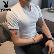 花花公子（PLAYBOY）T恤男短袖V領(lǐng)2025夏季彈力修身緊身白色純色打底衫男士半袖體恤潮 白色V領(lǐng) M