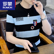 羅蒙（ROMON）品牌夏季針織短袖t恤男士2025新款冰絲條紋圓領(lǐng)體恤男款打底衫T 黑藍333 M 165 (建議90-105斤)