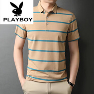 花花公子（PLAYBOY）夏季新款短袖t恤男純棉polo領(lǐng)衫翻領(lǐng)條紋體恤中年爸爸上衣T 88100卡其 2XL 180建議155-170斤