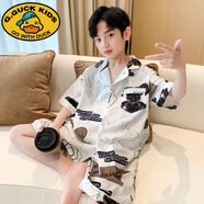 G.DUCKKIDS兒童裝男童夏裝睡衣冰絲短袖套裝家居服夏款薄款夏季中大童空調(diào)服 白色 150 cm
