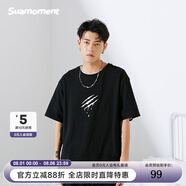 SuaMoment抓痕基礎字母短袖純色簡約潮流寬松百搭T恤情侶同款體恤 黑色 L