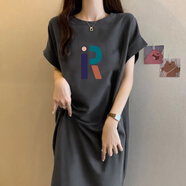 皮爾卡丹（pierre cardin）灰色純棉開叉連衣裙2025新款女夏大碼女裝胖mm顯瘦寬松短袖t恤裙 灰色(彩色R字母)今年流行的輕奢 M 85-105斤