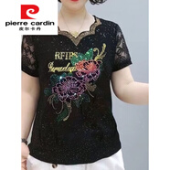 皮爾卡丹（PIERRE CARDIN）夏季蕾絲袖亮片短袖t恤女大尺碼遮肚時(shí)尚媽m媽燙鉆波浪v領(lǐng)打底衫 牡丹花  亮片燙鉆短/袖  802今年 M 建議85斤-114斤