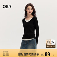 森馬毛衣女拼色假兩件毛衫修身春秋圓領(lǐng)套頭衫顯瘦109524107002