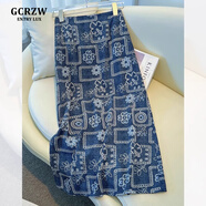 GCRZW高端醋酸碎花半身裙女夏薄款2025新款夏日垂墜感直筒a字裙包臀裙 牛仔藍(lán) 【輕奢高檔款】 XL /29 建議115-125斤