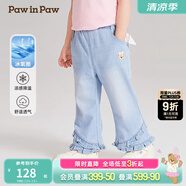 PawinPaw【涼感】卡通小熊童裝春季女寶寶荷葉邊牛仔褲 牛仔藍色/55 90 cm