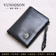 曼尼瓊詩(shī)（VUNIQSON）高檔錢包男短款軟牛皮拉鏈豎款錢夾包潮流男士搭扣皮夾子 黑色骷髏款
