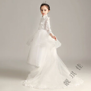 靚琪佳中國風(fēng)公主裙旗袍連衣裙兒童拖地長(cháng)裙拖尾禮服女童婚紗長(cháng)裙演出服 白色拖尾 150 不要買(mǎi)大 建議75-85斤