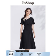 InShop【商場(chǎng)同款】新款氣質(zhì)連衣裙女高級(jí)感純色修身褶皺中長(zhǎng)裙 黑色 S