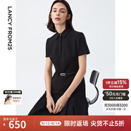 朗姿【尖貨補單】黑白色顯瘦輕禮服襯衫連衣裙女夏新款復古小黑裙裙子 黑色 M 160/80A
