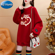 A 21 FUNB加絨加厚假兩件半高領(lǐng)衛衣女2025年新款秋冬大碼女裝胖mm上衣 大紅色 M 80-120斤