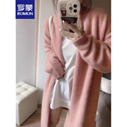 羅蒙（ROMON）軟糯慵懶風(fēng)秋冬寬松新款顯瘦針織開衫毛衣純色通勤外穿中長款外套 粉色 均碼 -95-130斤