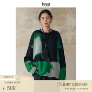 旅途原品（ltyp）羊毛馬海毛幾何撞色提花毛衣/開衫寬松針織衫女秋季 套頭毛衣-幻彩綠 L