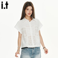 :CHOCOOLATE it蕾絲拼接鏤空短袖襯衫女夏新款設計感寬松翻領(lǐng)上衣 白色 均碼