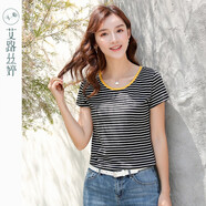 艾路絲婷條紋短袖T恤女裝夏裝新款韓版顯瘦上衣圓領(lǐng)體恤31008 黑白條紋 M