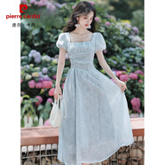 皮爾卡丹（pierre cardin）藍(lán)色連衣裙女夏季收腰氣質(zhì)長(zhǎng)裙小眾不撞款初戀裙泡泡袖禮服裙 連衣裙 L 【105-120斤】