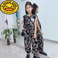 G.duck女童夏裝套裝2024新款韓版兒童裝中大童夏季洋氣女孩時(shí)髦兩件套潮 咖啡色 長(cháng)褲套裝 110 (參考年齡4-5歲)(參考年齡4