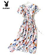 花花公子（PLAYBOY）碎花印花時尚優(yōu)雅棉綢連衣裙系帶收腰寬松顯瘦V領綿綢長款人造棉 彩色童話 XL 建議145斤以下