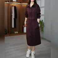 皮爾卡丹（pierrecardin）2025新款時(shí)尚套裝女春秋洋氣減齡顯瘦假兩件中長(zhǎng)款工裝連衣裙裙子 紫紅色 M 建議80-105斤