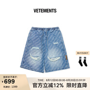 VETEMENTS夏季新款男女情侶同款滿提花工藝抽繩牛仔短褲 64367001 淺藍 L