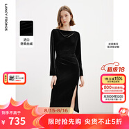 朗姿氣質(zhì)設(shè)計感一字領(lǐng)絲絨小黑裙冬春季新款高級感法式連衣裙 黑色 S