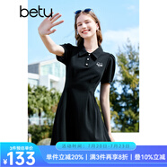 百圖betu女裝夏新款連衣裙時髦肌理收腰荷葉邊連衣裙女2303T95 黑色 M