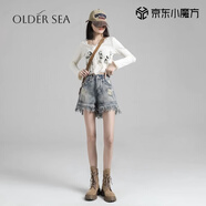OLDER SEA復古破洞牛仔短褲女2025夏款高腰毛邊流蘇闊腿A字褲潮款四分熱褲 藍色【高品質】 M 建議95-105斤