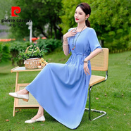皮爾卡丹（PIERRE CARDIN）棉綢碎花連衣裙2025新款顯瘦遮肚子夏季時(shí)尚氣質(zhì)人造棉印花長(zhǎng)裙子 天藍(lán)色 XL 建議88-108斤