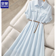 羅蒙短袖連衣裙女2025夏季新款韓版時(shí)尚氣質(zhì)百搭中長(zhǎng)款翻領(lǐng)收腰襯衫裙 藍(lán)色 M 建議100-110斤